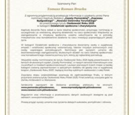 Tomasz Roman Bracka został ponownie nominowany do tytułu Osobowość Roku 2025 Tomasz Roman Bracka został ponownie nominowany do tytułu Osobowość Roku 2025